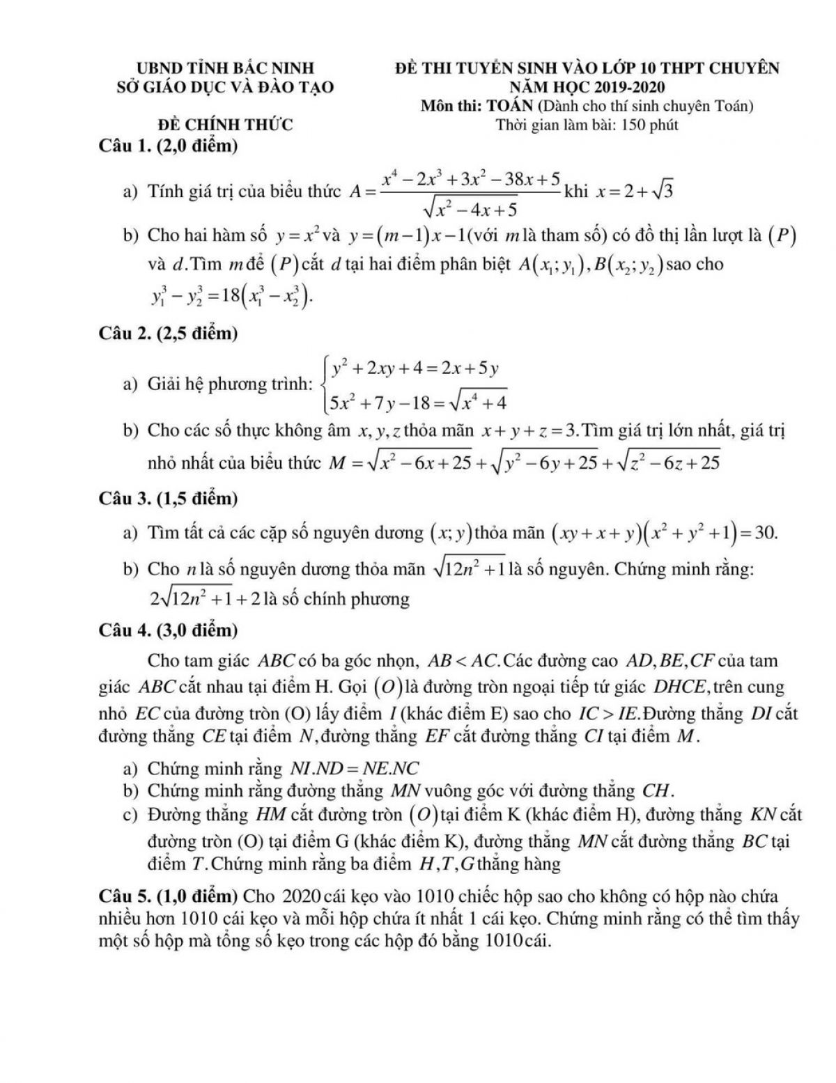 Đề thi tuyển sinh v&agrave;o lớp 10 THPT v&agrave; đ&aacute;p &aacute;n m&ocirc;n To&aacute;n tỉnh Bắc Ninh năm 2019