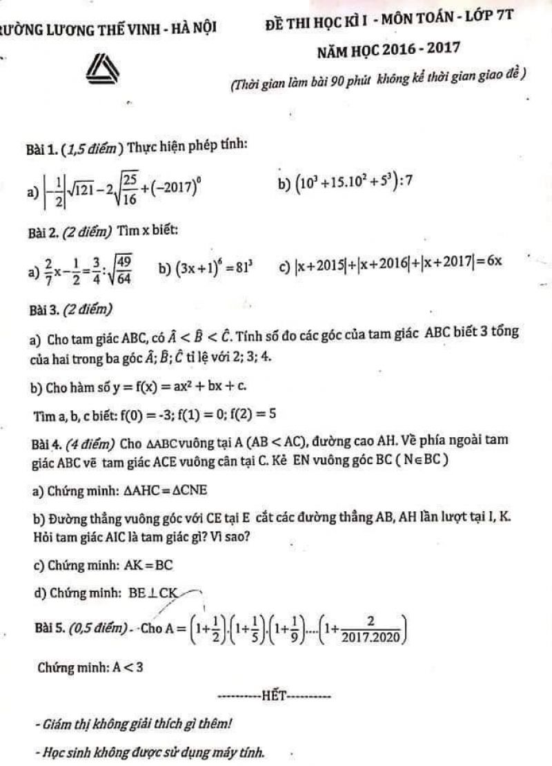 Đề thi học kì I môn Toán lớp 7 Trường Lương Thế Vinh năm 2016