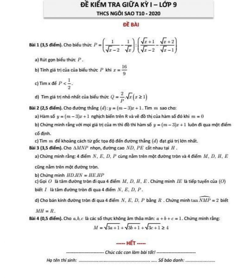 Đề kiểm tra giữa kì và đáp án môn Toán lớp 9 Trường THCS Ngôi Sao năm 2020
