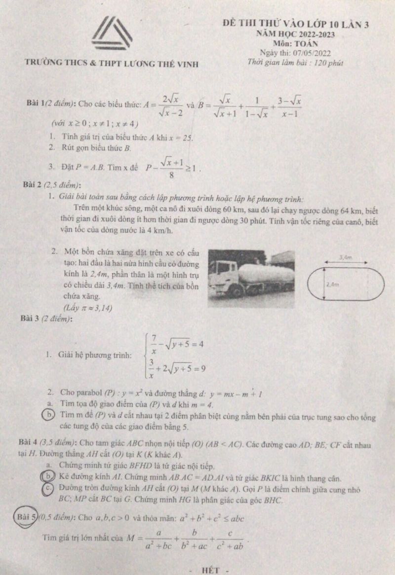 Đề thi thử vào lớp 10 môn Toán lần 3 Trường THCS &amp; THPT Lương Thế Vinh năm 2022