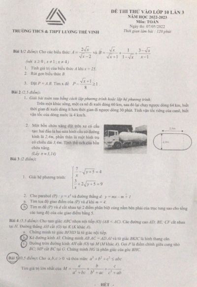 Đề thi thử vào lớp 10 môn Toán lần 3 Trường THCS &amp; THPT Lương Thế Vinh năm 2022