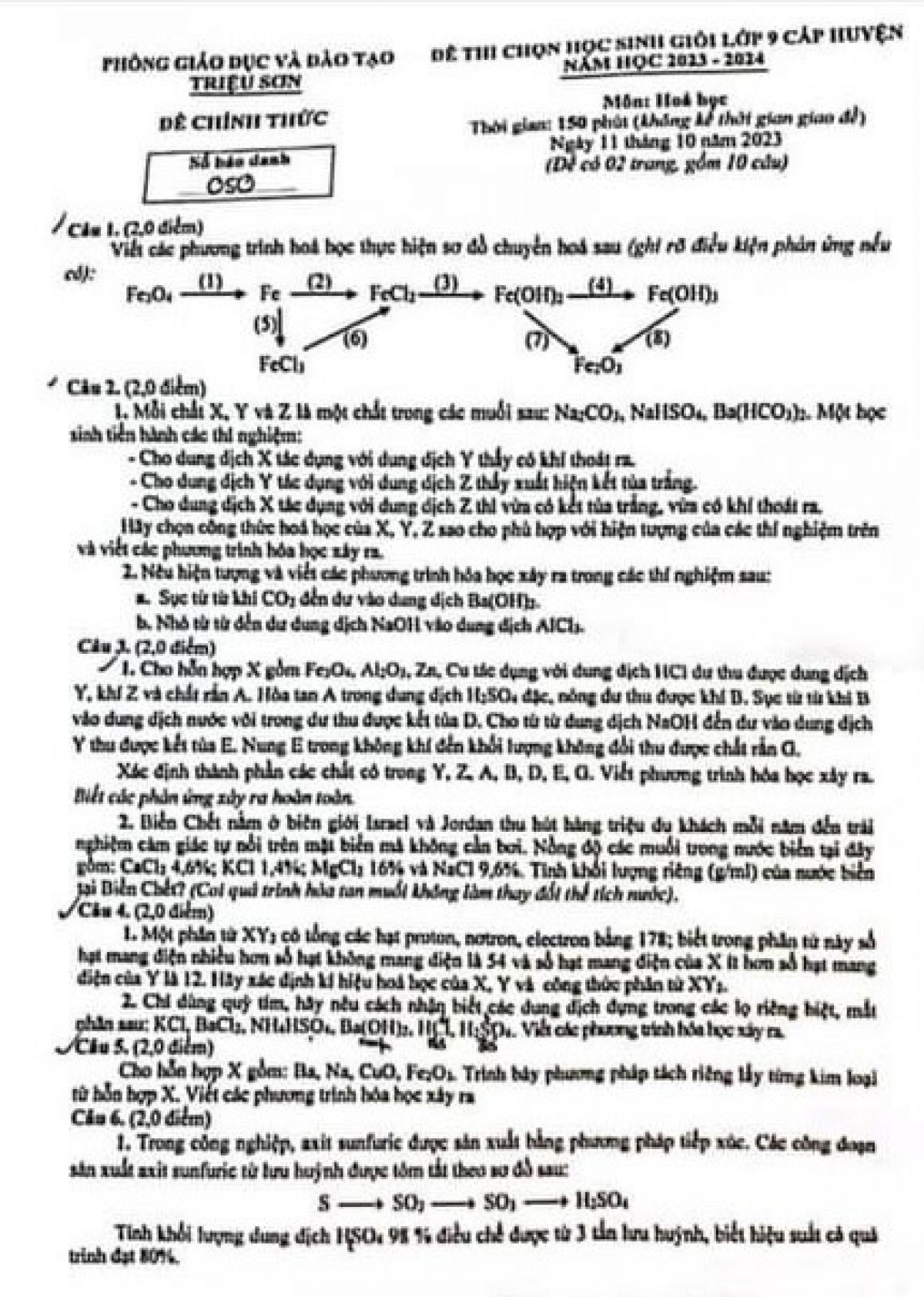 Đề thi chọn HSG môn Hóa Học lớp 9 huyện Triệu Sơn tỉnh Thanh Hóa năm 2023