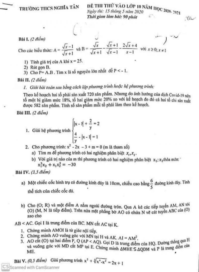 Đề thi thử v&agrave;o lớp 10 m&ocirc;n To&aacute;n Trường THCS Nghĩa T&acirc;n năm 2020