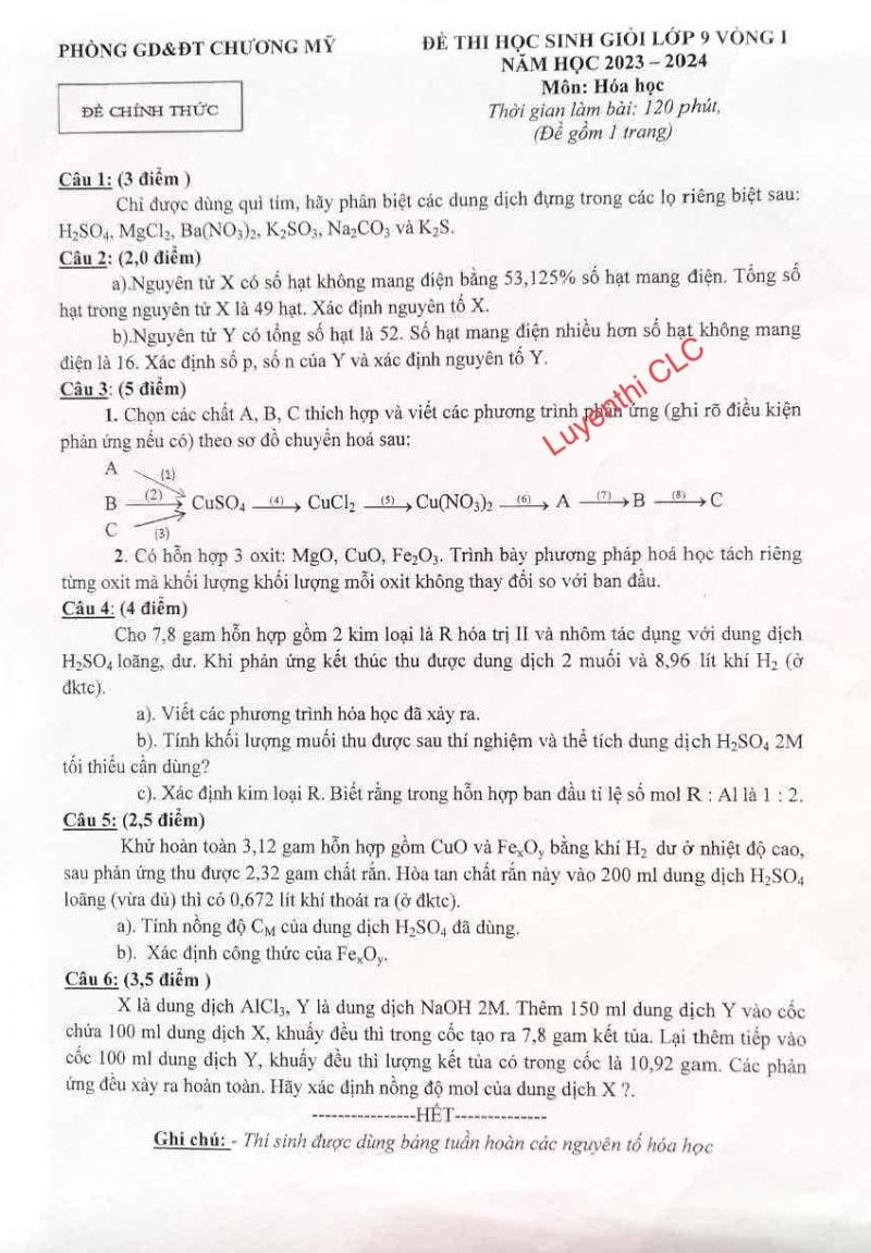 Đề thi HSG môn Hóa Học lớp 9 - Vòng 1 huyện Chương Mỹ, Hà Nội năm 2023