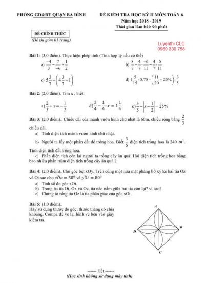 Đề kiểm tra học kì II môn Toán lớp 6 quận Ba Đình, Hà Nội năm 2018