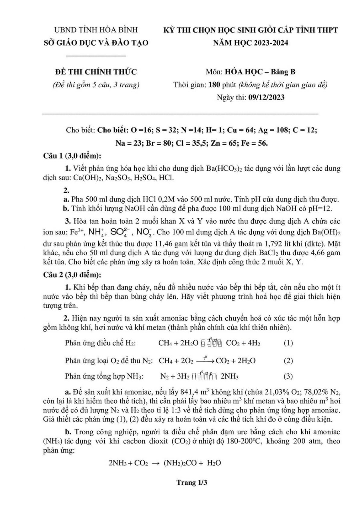 Đề thi chọn HSG và đáp án môn Hóa Học cấp THPT tỉnh Hòa Bình năm 2023