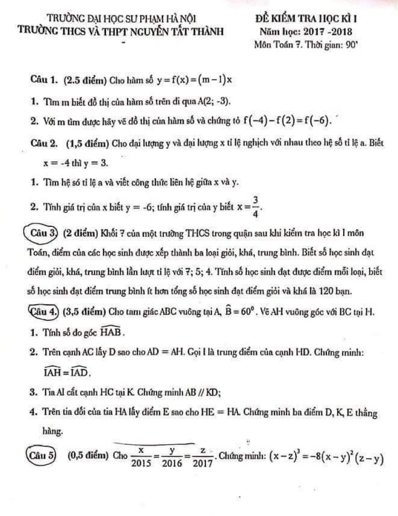 Đề kiểm tra học kì I môn Toán lớp 7 Trường THCS &amp; THPT Nguyễn Tất Thành năm 2017