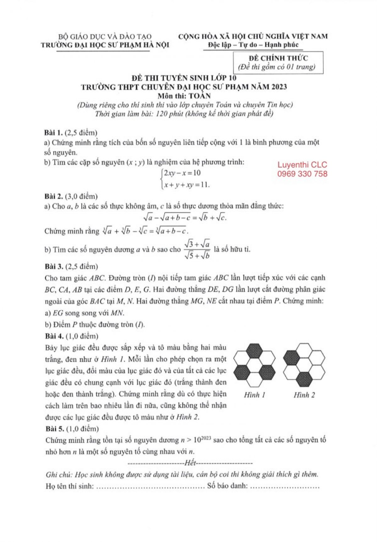 Đề thi tuyển sinh vào lớp 10 và đáp án môn Toán Trường THPT CHUYÊN Đại học Sư phạm Hà Nội năm 2023 ( Đề dành riêng cho thí sinh thi vào lớp chuyên Toán và chuyên Tin học)