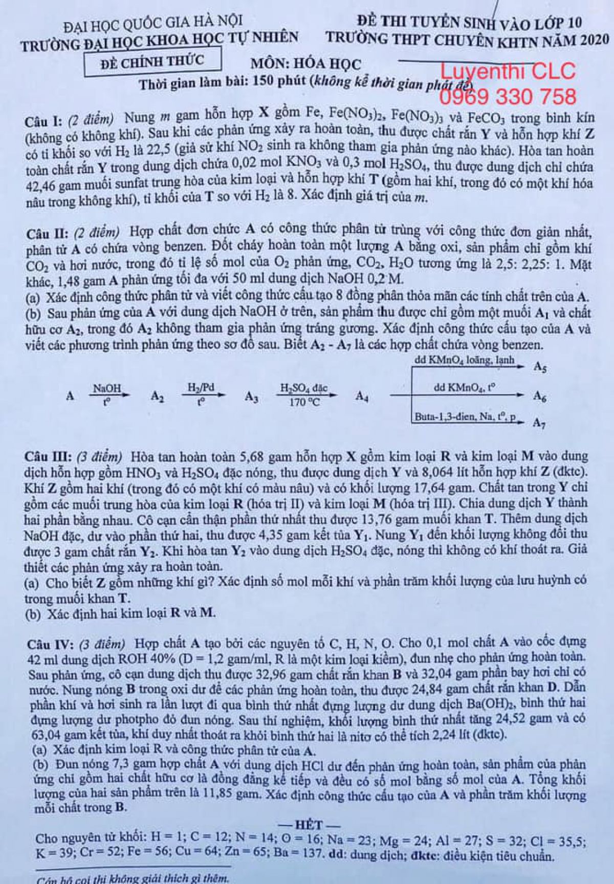 Đề thi môn Hoá- tuyển sinh vào lớp 10 THPT chuyên ĐHKHTN Hà Nội năm 2020