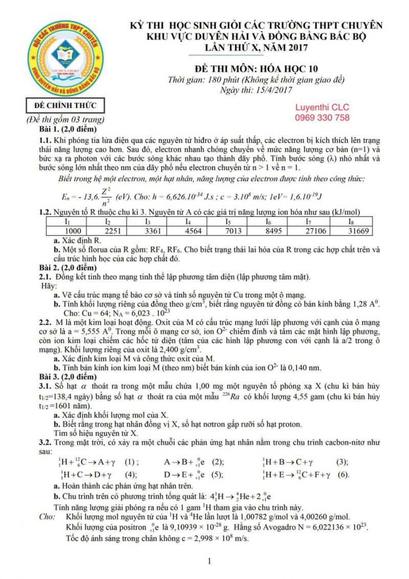 Đề thi HSG các Trường THPT CHUYÊN Khu vực Duyên hải và Đồng bằng Bắc Bộ lần thứ X môn Hóa Học lớp 10 năm 2017