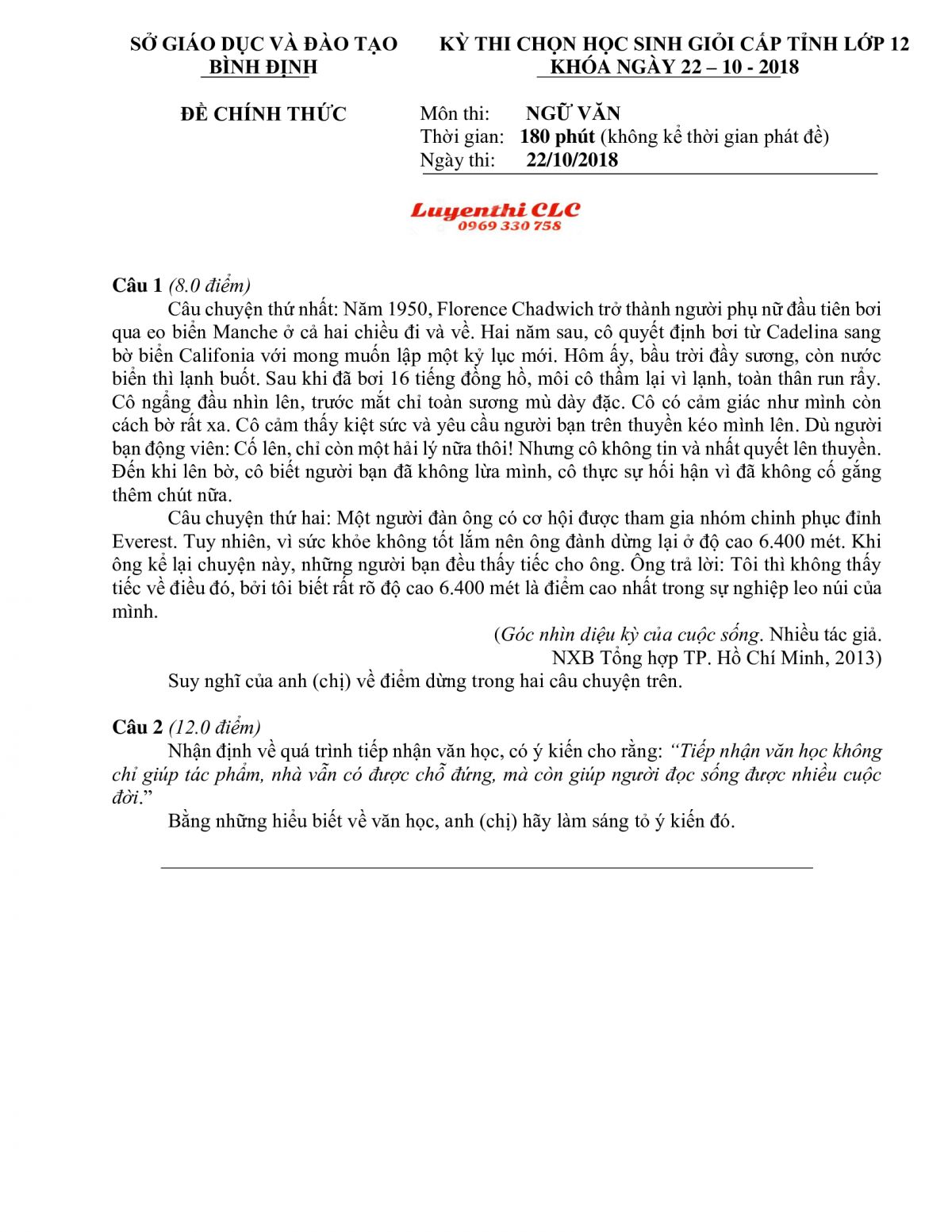 Đề thi chọn HSG cấp tỉnh m&ocirc;n Ngữ Văn lớp 12 tỉnh B&igrave;nh Định năm 2018