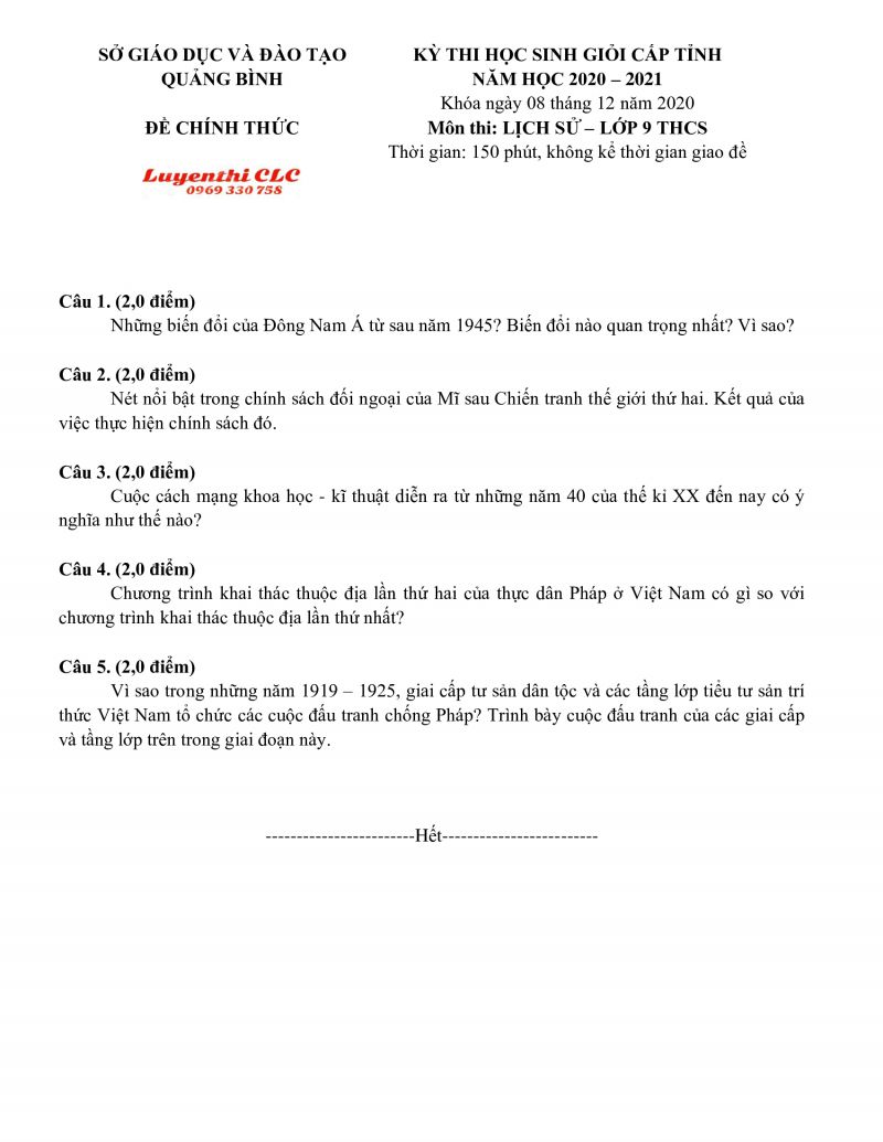 Đề thi HSG m&ocirc;n Lịch Sử THCS tỉnh Quảng B&igrave;nh năm 2020