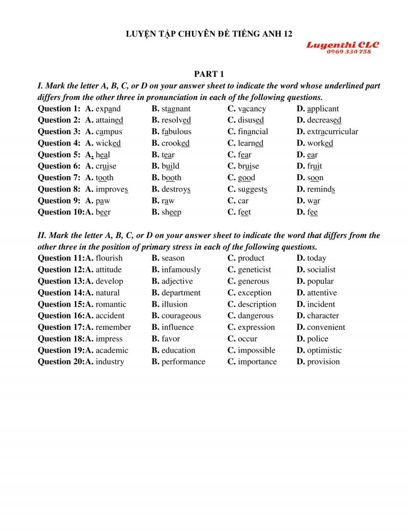 Luyện tập chuyên đề Tiếng Anh lớp 12