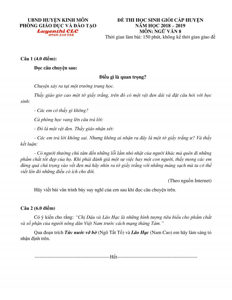 Đề thi HSG m&ocirc;n Ngữ Văn lớp 8 huyện Kinh M&ocirc;n tỉnh Hải Dương năm 2019
