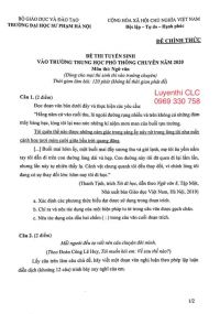 Đề thi m&ocirc;n NGỮ VĂN (điều kiện) - tuyển sinh v&agrave;o lớp 10 THPT chuy&ecirc;n ĐHSP H&agrave; Nội năm 2020 (thi s&aacute;ng ng&agrave;y 14/7/2020)