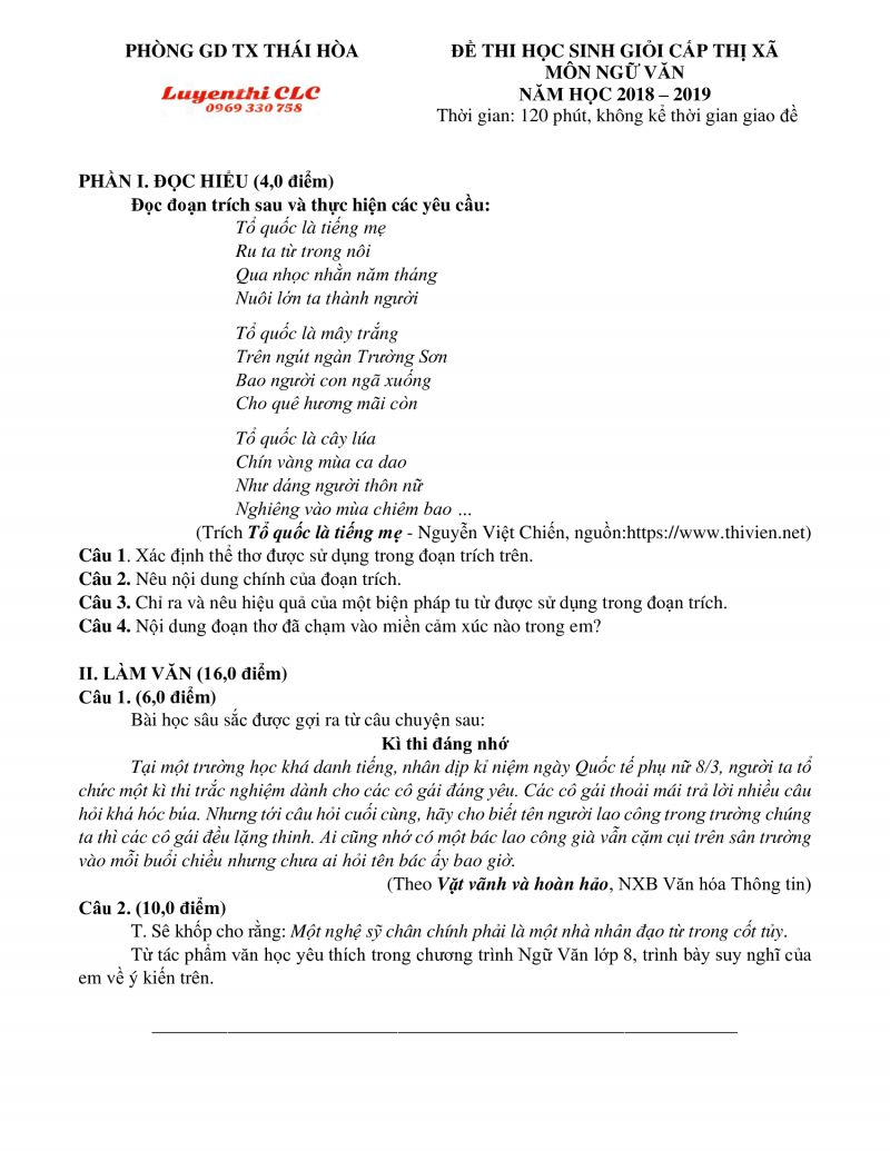 Đề thi HSG môn Ngữ Văn thị xã Thái Hòa tỉnh Nghê An năm 2019
