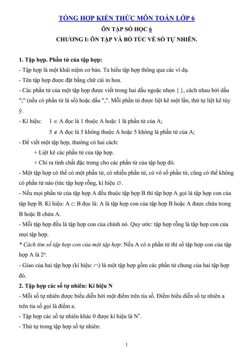 Tổng hợp kiến thức m&ocirc;n To&aacute;n lớp 6