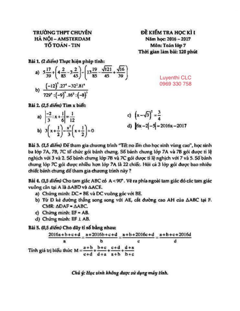 Đề kiểm tra học kì I môn Toán lớp 7 Trường THPT CHUYÊN Amsterdam năm 2016
