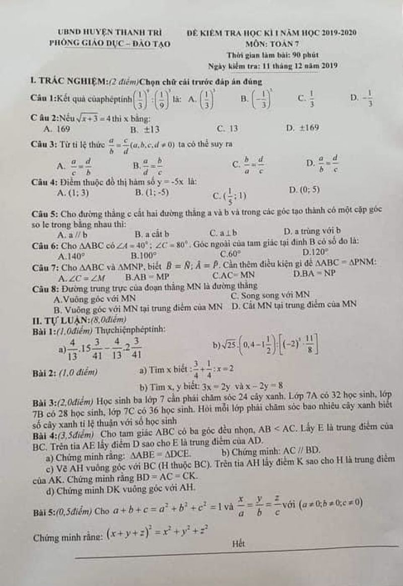 Đề kiểm tra học k&igrave; I m&ocirc;n To&aacute;n lớp 7 huyện Thanh Tr&igrave;, H&agrave; Nội năm 2019