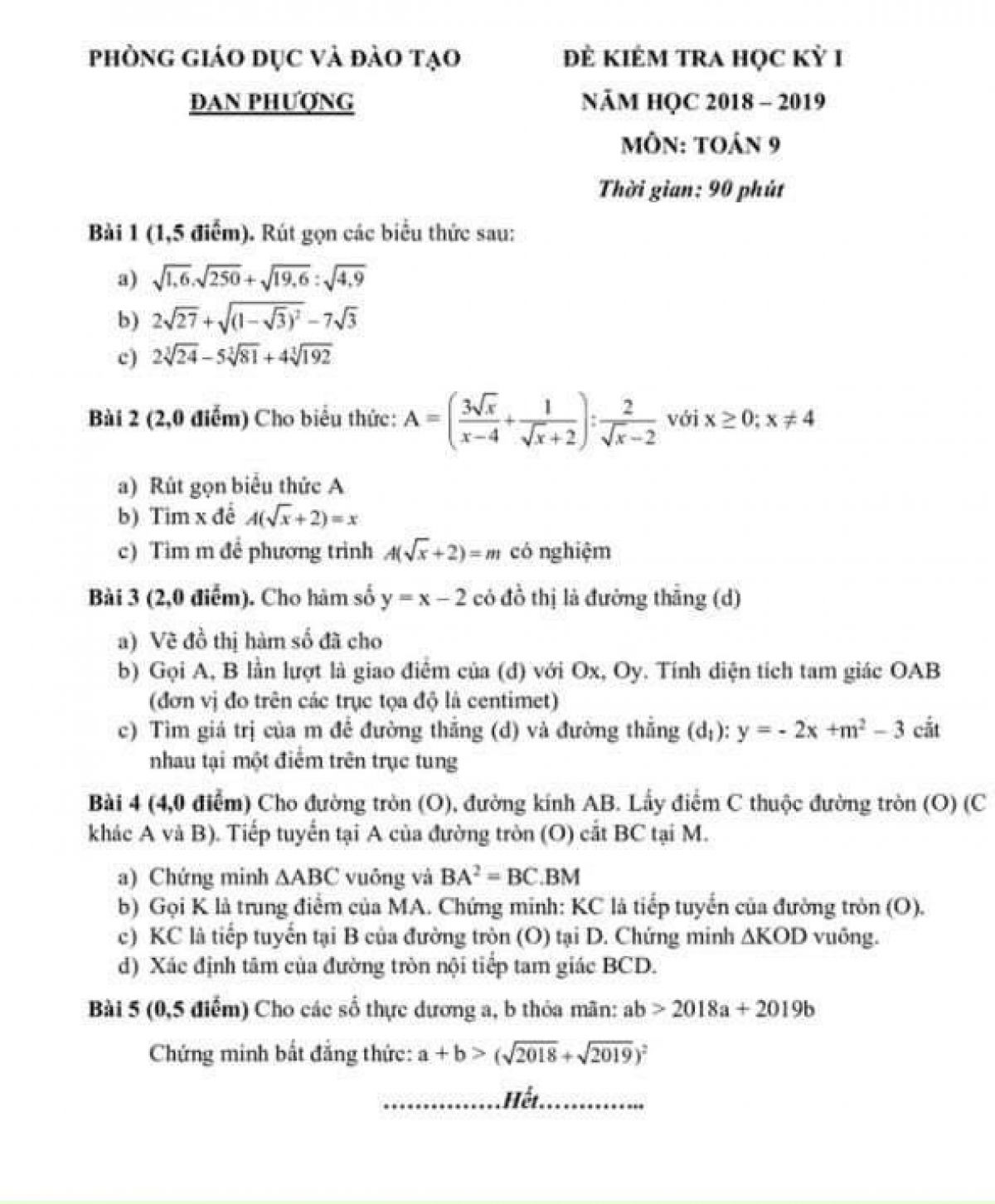Đề kiểm tra học kì I môn Toán lớp 9 huyện Đan Phượng, Hà Nội năm 2019
