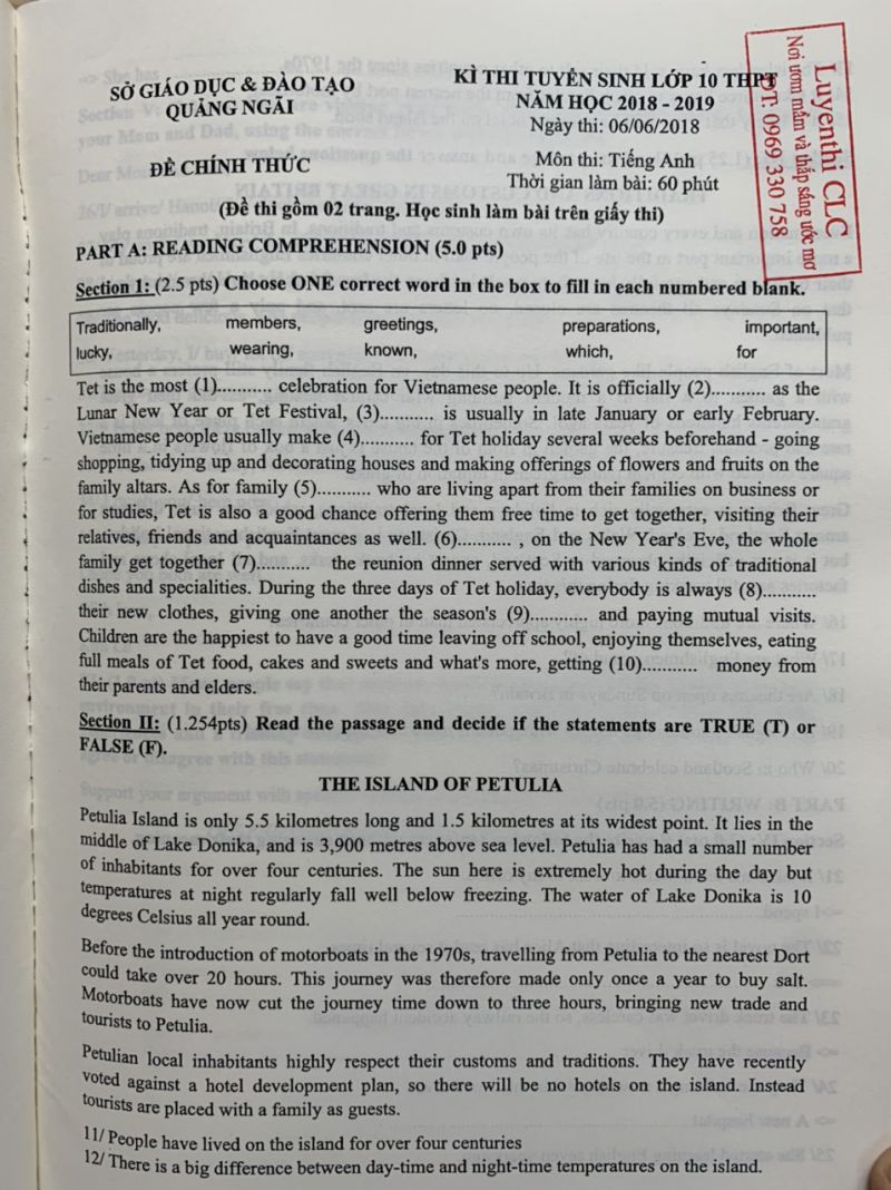 Đề thi tuyển sinh v&agrave;o lớp 10 THPT m&ocirc;n Tiếng Anh tỉnh Quảng Ng&atilde;i năm 2018