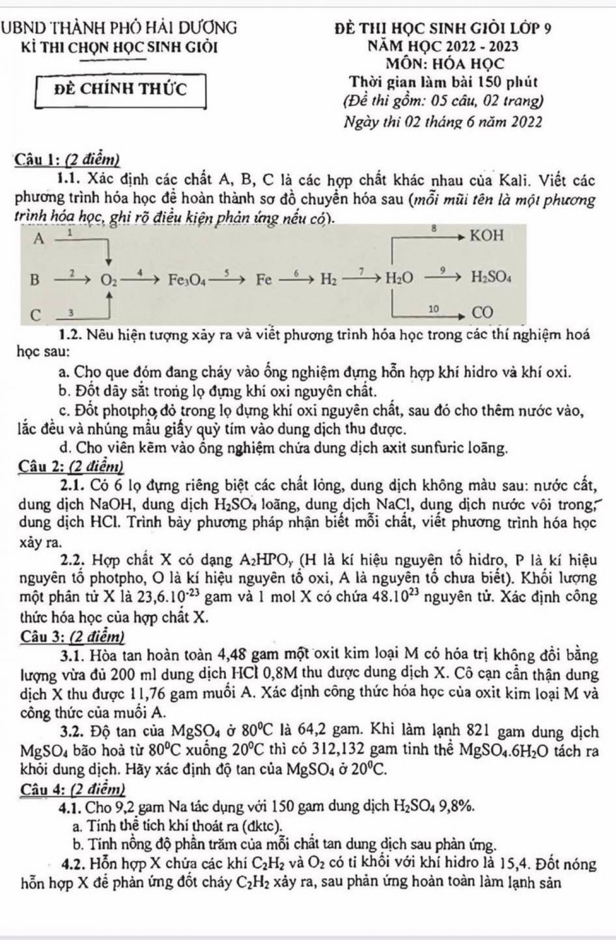 Đề thi chọn HSG m&ocirc;n H&oacute;a Học lớp 9 th&agrave;nh phố Hải Dương năm 2022