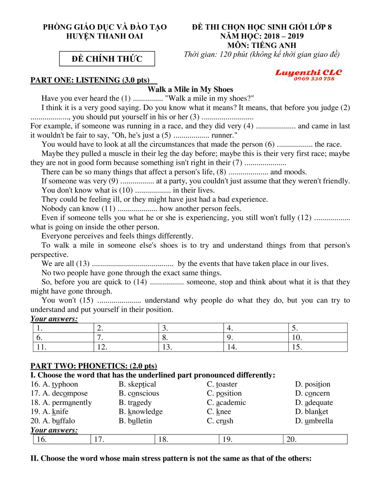 Đề thi chọn HSG m&ocirc;n Tiếng Anh lớp 8 huyện Thanh Oai, H&agrave; Nội năm 2019