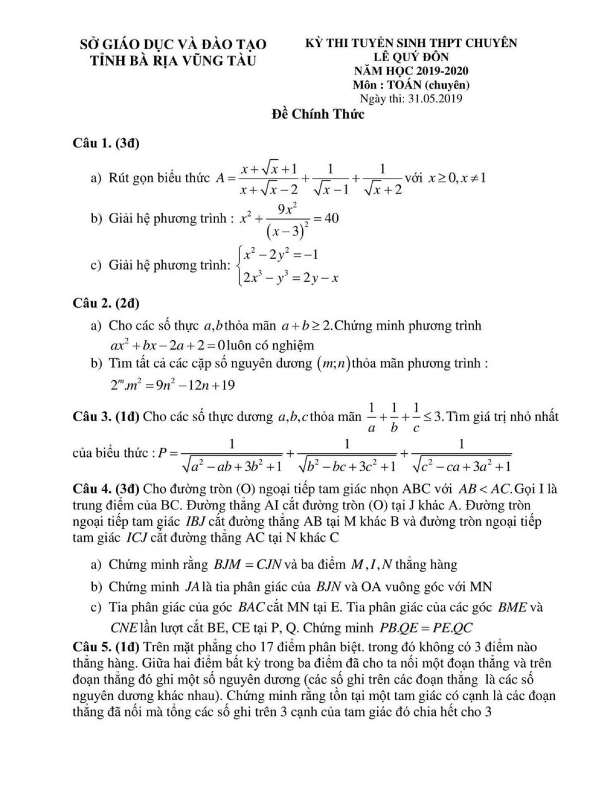 Đề tuyển sinh v&agrave;o lớp 10 THPT CHUY&Ecirc;N L&ecirc; Q&uacute;y Đ&ocirc;n v&agrave; đ&aacute;p &aacute;n m&ocirc;n To&aacute;n tỉnh B&agrave; Rịa - Vũng T&agrave;u năm 2019