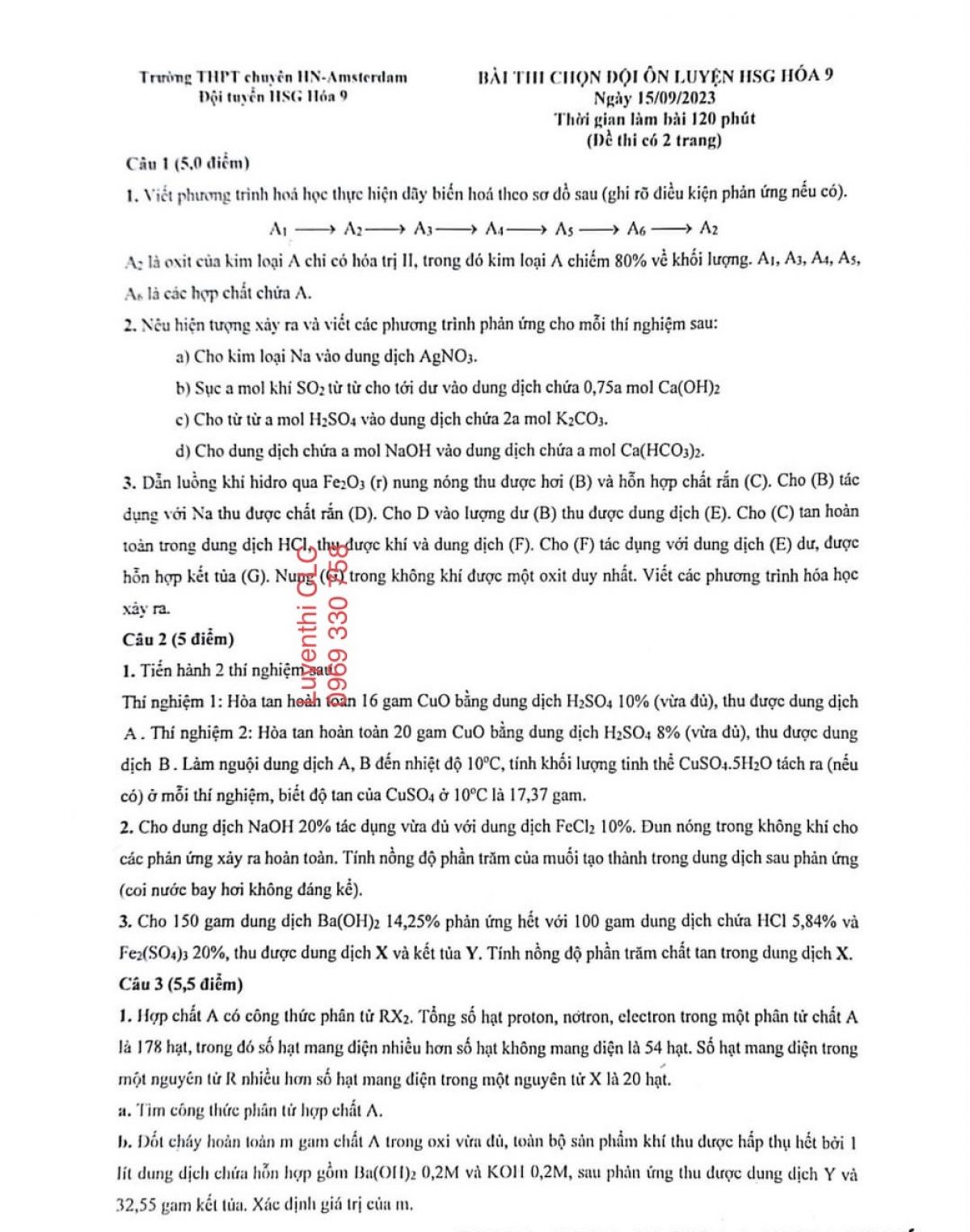 Đề thi chọn đội tuyển HSG m&ocirc;n H&oacute;a Học lớp 9 Trường THPT chuy&ecirc;n H&agrave; Nội - Amsterdam năm 2023