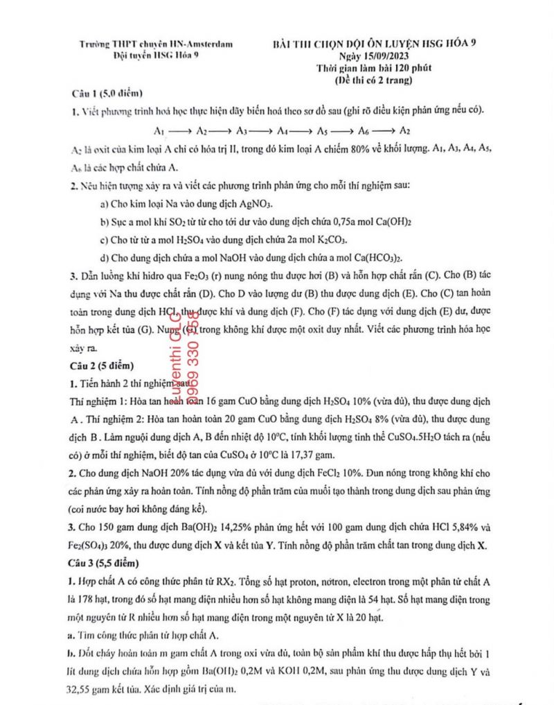 Đề thi chọn đội tuyển HSG môn Hóa Học lớp 9 Trường THPT chuyên Hà Nội - Amsterdam năm 2023