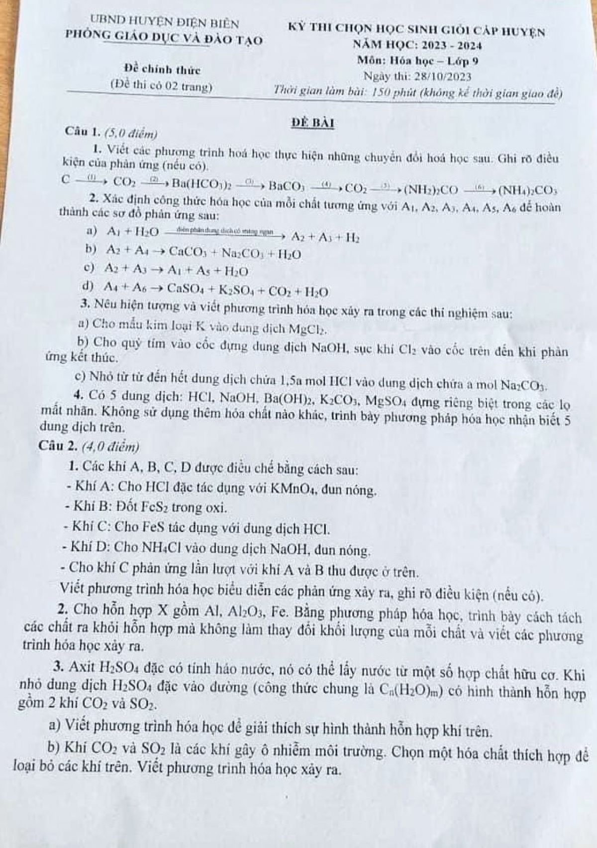Đề thi chọn HSG môn Hóa Học lớp 9 huyện Điện Biên tỉnh Điện Biên năm 2023