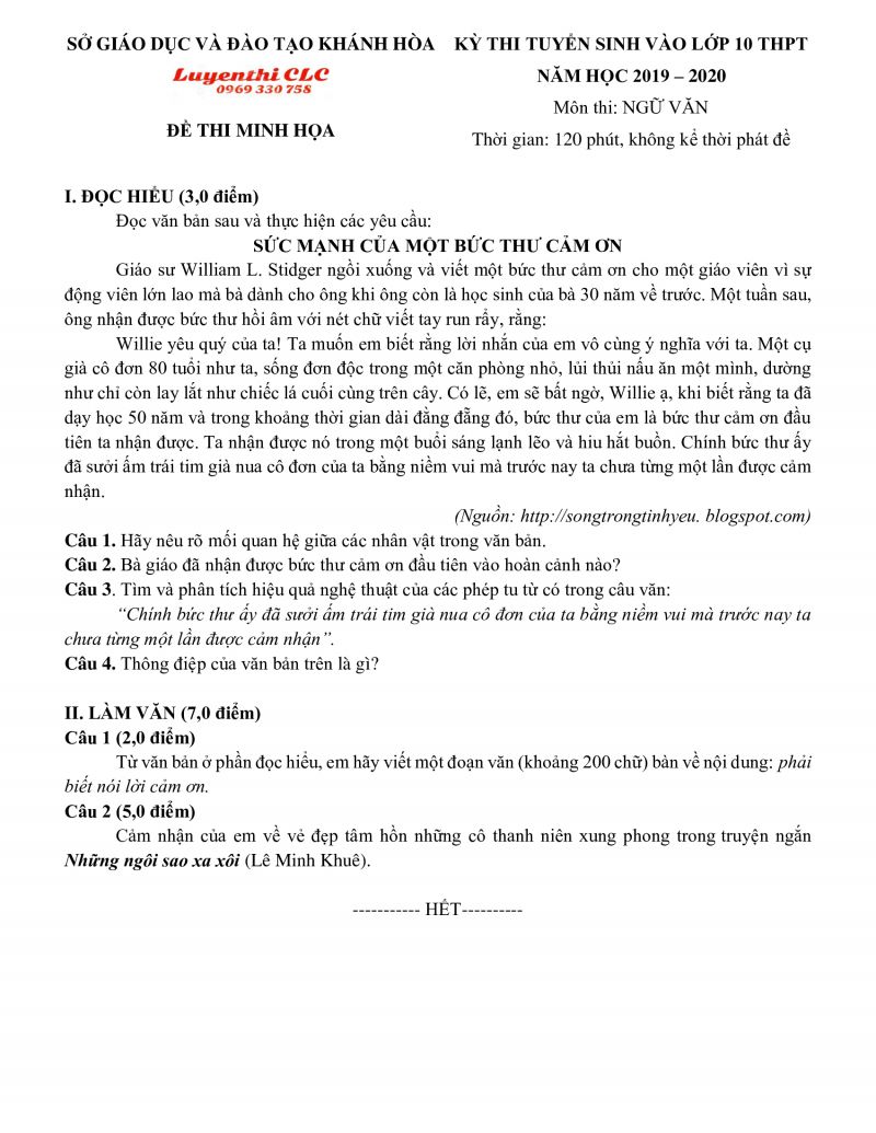 Đề thi tuyển sinh vào lớp 10 THPT môn Ngữ Văn tỉnh Khánh Hòa năm 2020