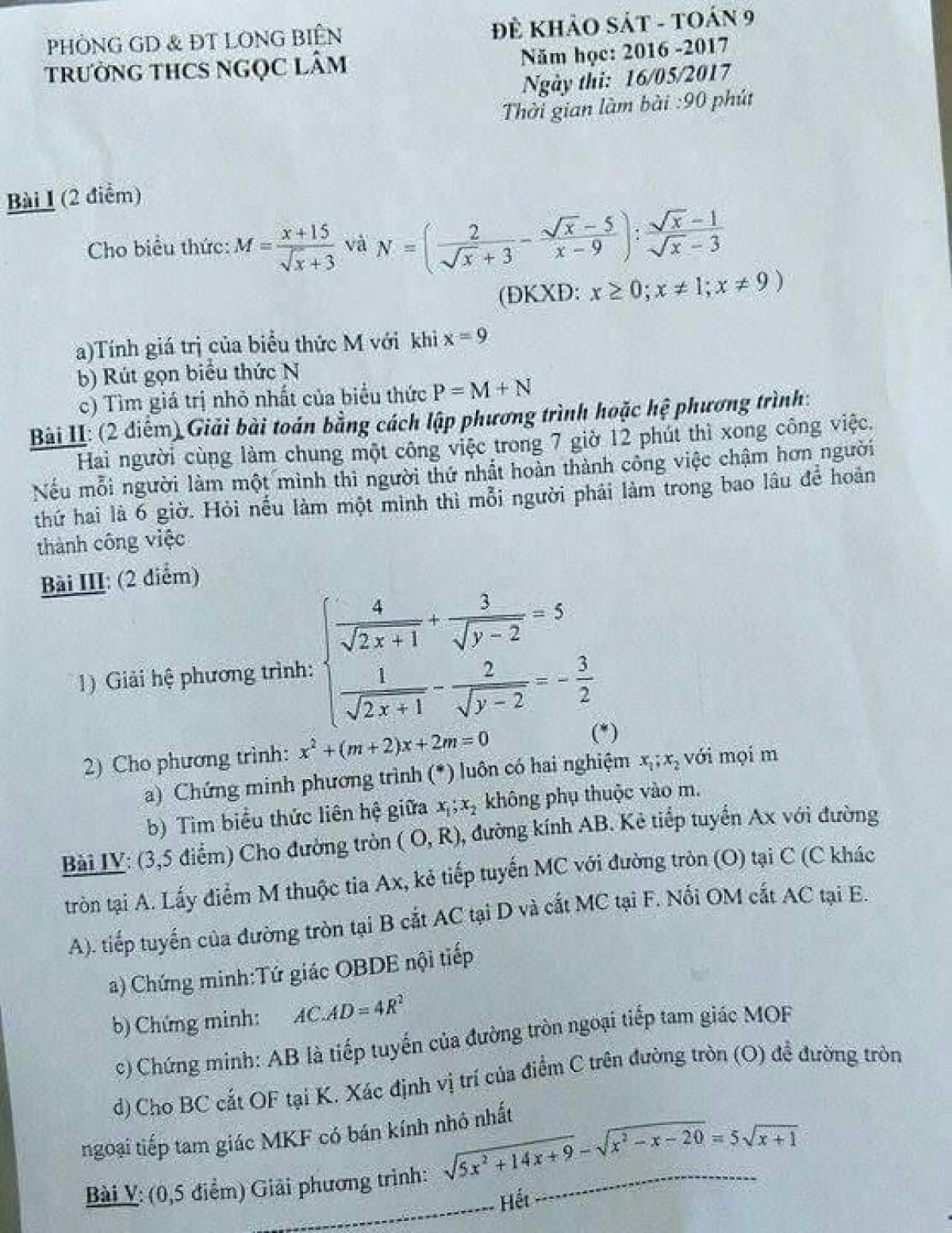 Đề khảo sát môn Toán lớp 9 Trường THCS Ngọc Lâm, quận Long Biên, Hà Nội năm 2017