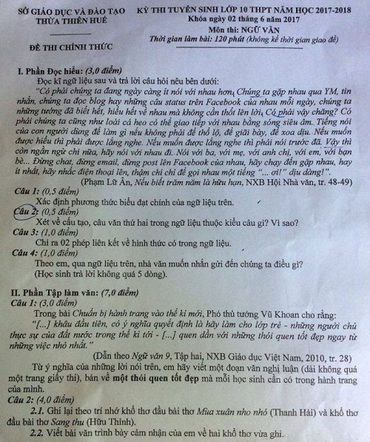 Đề thi tuyển sinh v&agrave;o lớp 10 THPT m&ocirc;n Ngữ Văn năm 2017 Thừa Thi&ecirc;n Huế