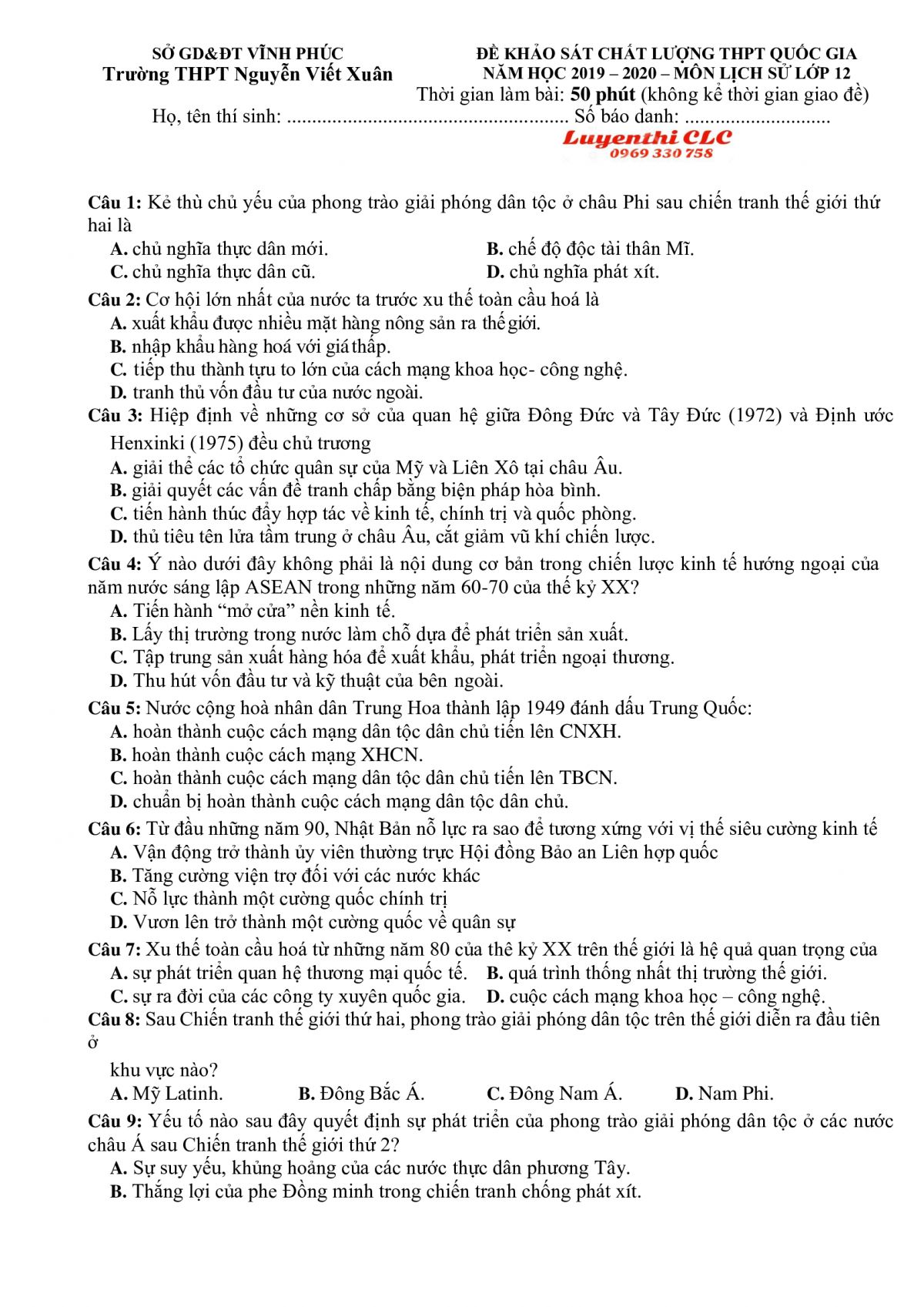 Đề khảo sát chất lượng THPT Quốc Gia môn Lịch Sử lớp 12 Trường THPT Nguyễn Viết Xuân tỉnh Vĩnh Phúc năm 2019
