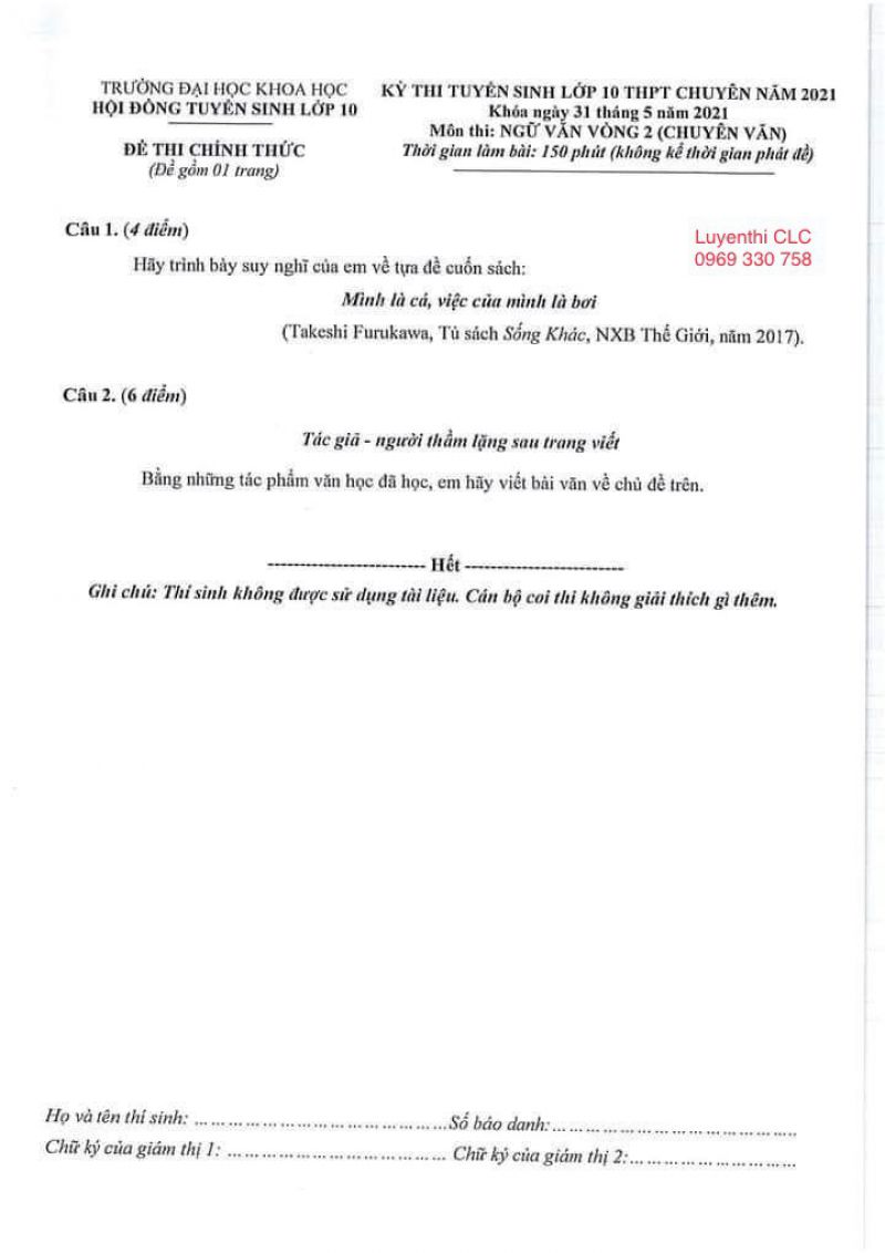 Đề thi tuyển sinh v&agrave;o lớp 10 THPT CHUY&Ecirc;N m&ocirc;n Ngữ Văn Trường Đại học Khoa học năm 2021
