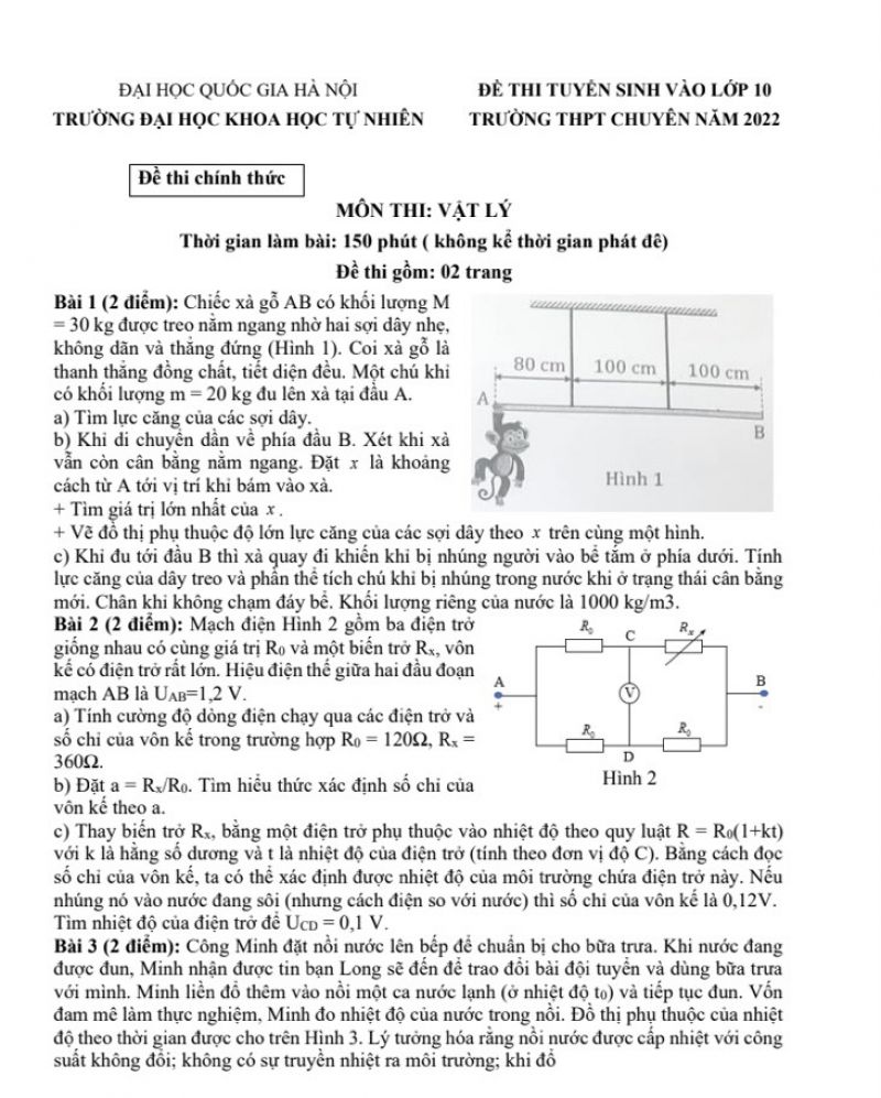 Đề thi tuyển sinh vào lớp 10 môn Vật Lý Trường THPT Chuyên Đại học Quốc Gia Hà Nội năm 2022