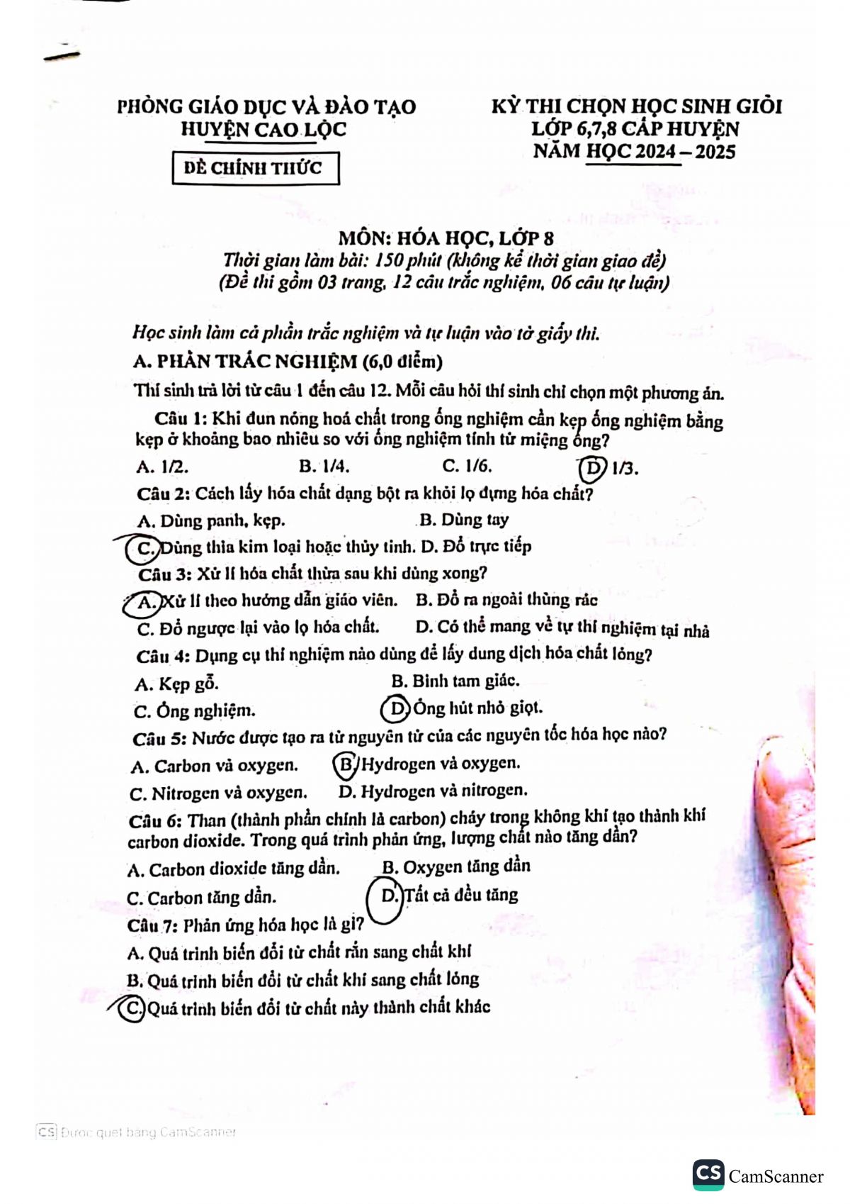 Đề thi chọn HSG môn Hóa lớp 8 - Huyện Cao Lộc năm 2024-2025