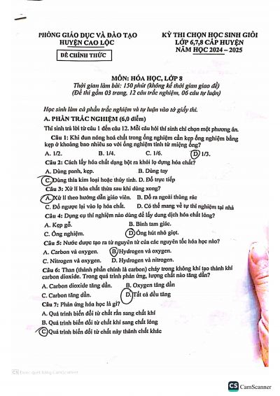 Đề thi chọn HSG môn Hóa lớp 8 - Huyện Cao Lộc năm 2024-2025