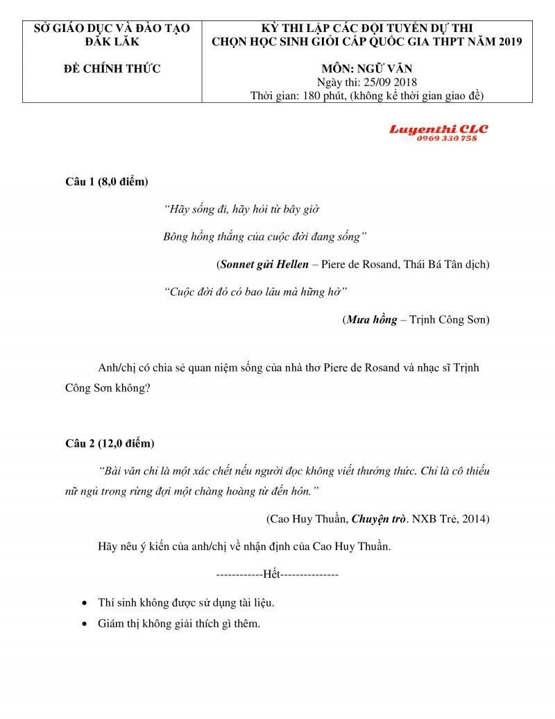 Đề thi lập đội tuyển dự thi HSG cấp Quốc Gia THPT m&ocirc;n Ngữ Văn tỉnh Đắk Lắk năm 2018