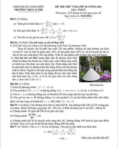 Đề thi thử vào lớp 10 ( Vòng III ) môn Toán Trường THCS Ái Mộ, quận Long Biên, Hà Nội năm 2021