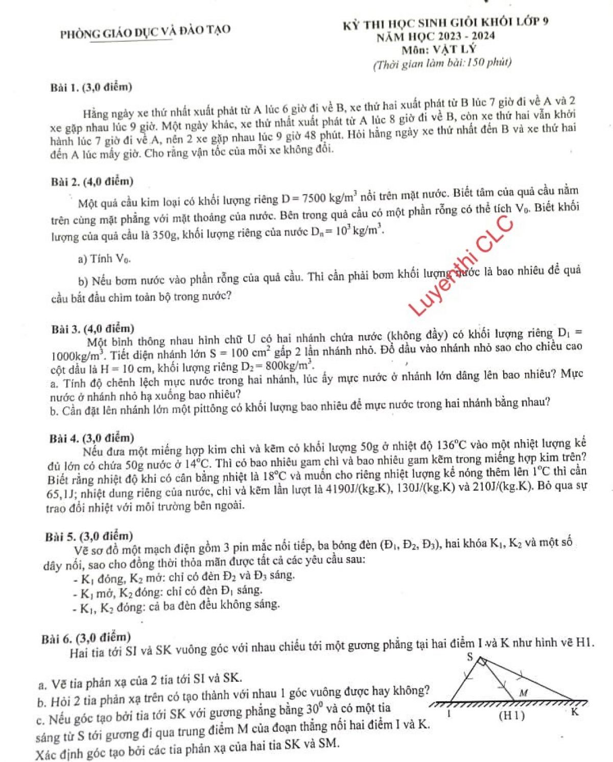 Đề thi chọn HSG m&ocirc;n Vật L&yacute; lớp 9 năm 2023