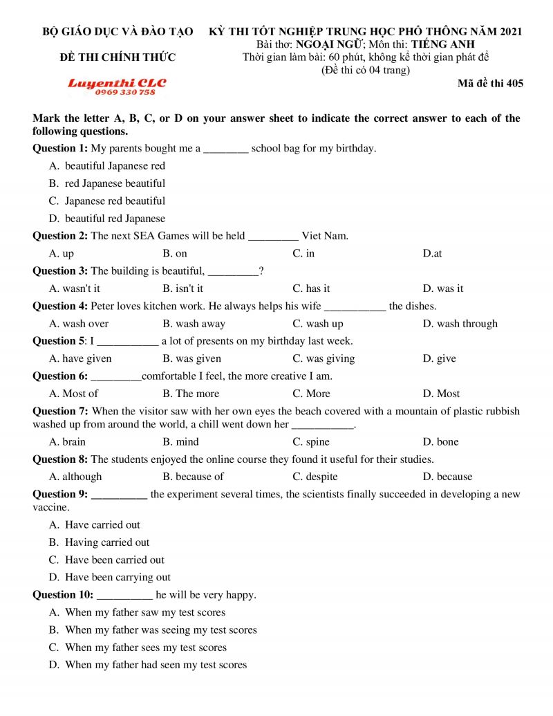 Đề thi tốt nghiệp THPT môn Tiếng Anh năm 2021