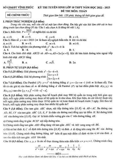 Đề thi tuyển sinh vào lớp 10 THPT môn Toán tỉnh Vĩnh Phúc năm 2022
