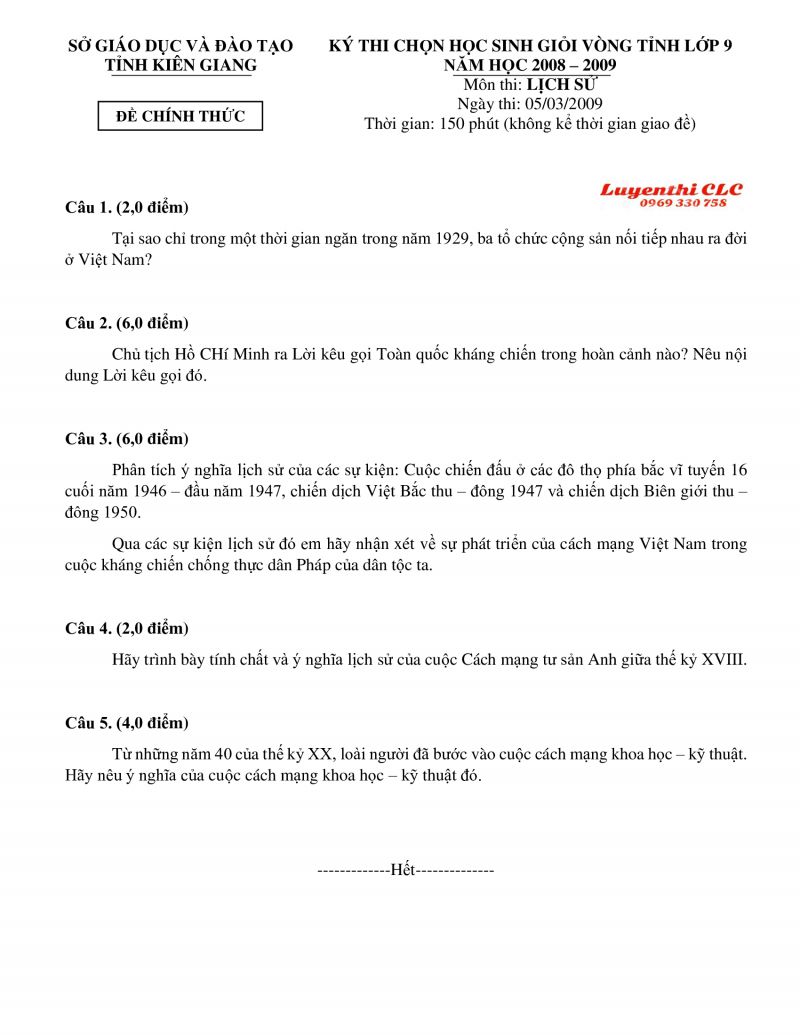 Đề thi chọn HSG vòng tỉnh lớp 9 môn Lịch Sử tỉnh Kiên Giang năm 2009