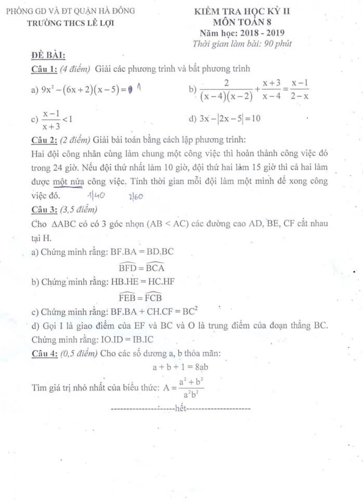 Đề kiểm tra chất lượng học kì II môn Toán 8 Trường THCS Lê Lợi, Hà Đông, Hà Nội năm 2018