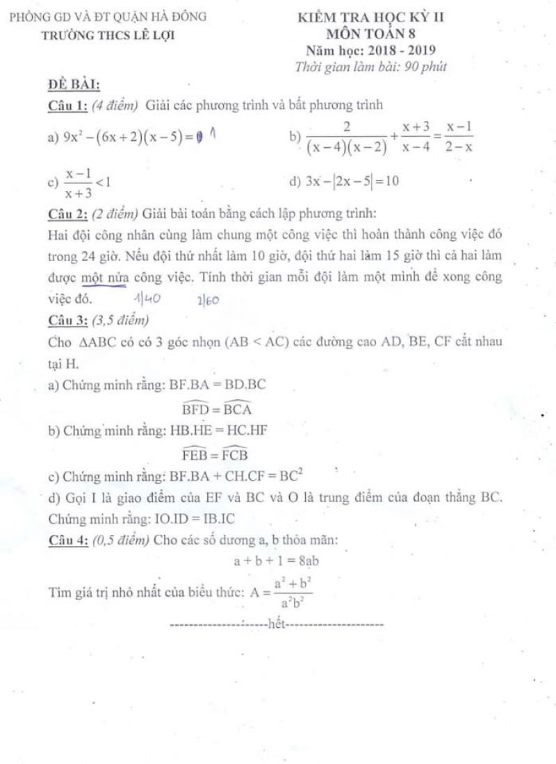 Đề kiểm tra chất lượng học kì II môn Toán 8 Trường THCS Lê Lợi, Hà Đông, Hà Nội năm 2018