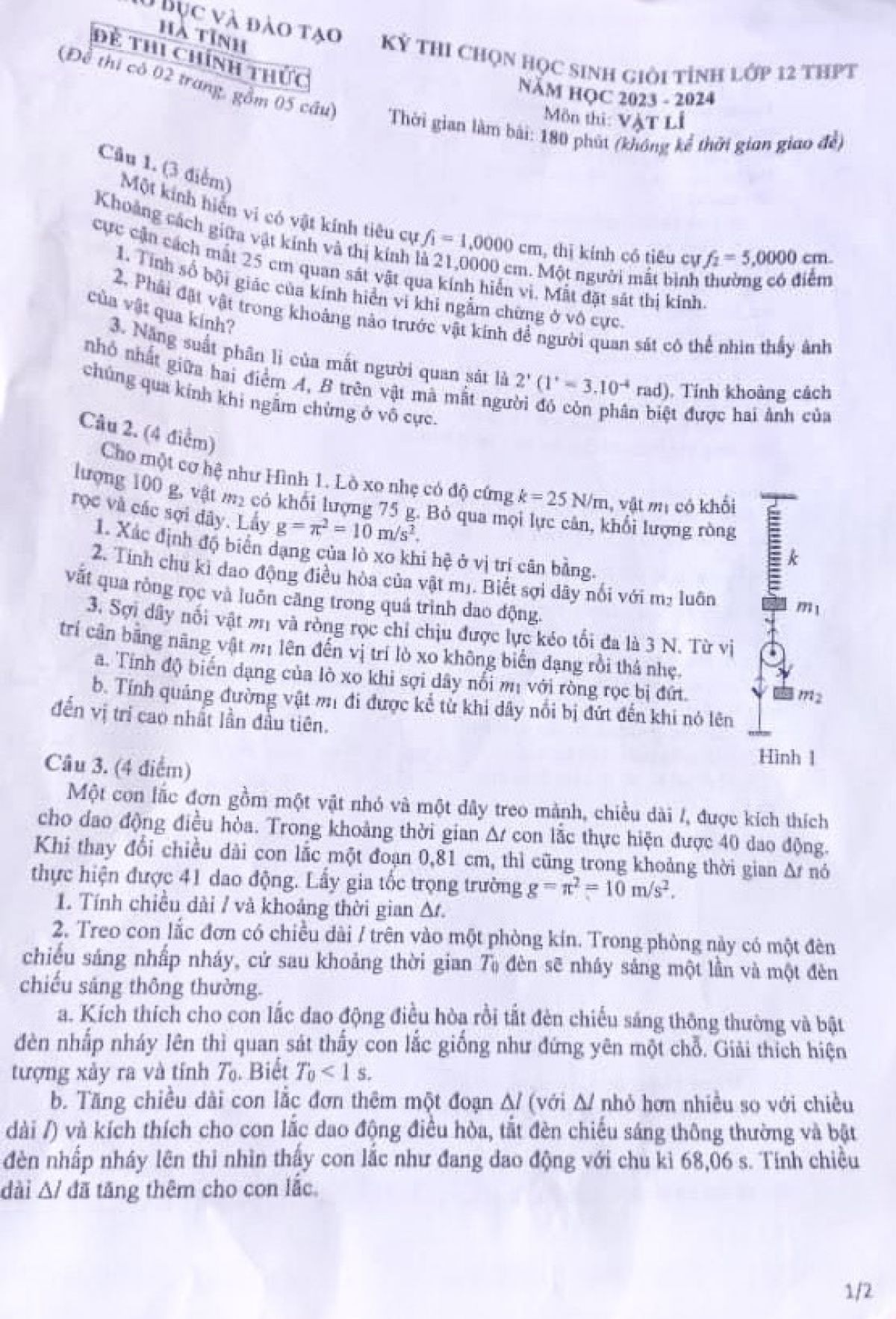 Đề thi chọn HSG môn Vật Lí lớp 12 tỉnh Hà Tĩnh năm 2023