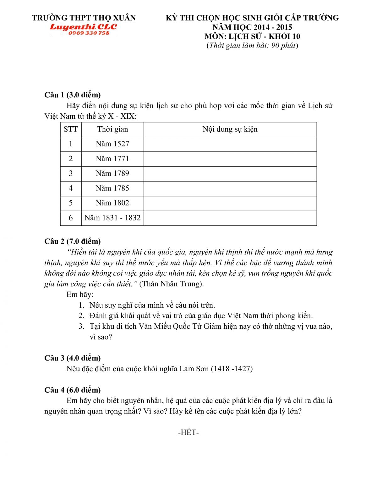 Đề thi chọn HSG v&agrave; đ&aacute;p &aacute;n m&ocirc;n Lịch Sử lớp 10 Trường  THPT Thọ Xuy&ecirc;n tỉnh Thanh H&oacute;a năm 2015