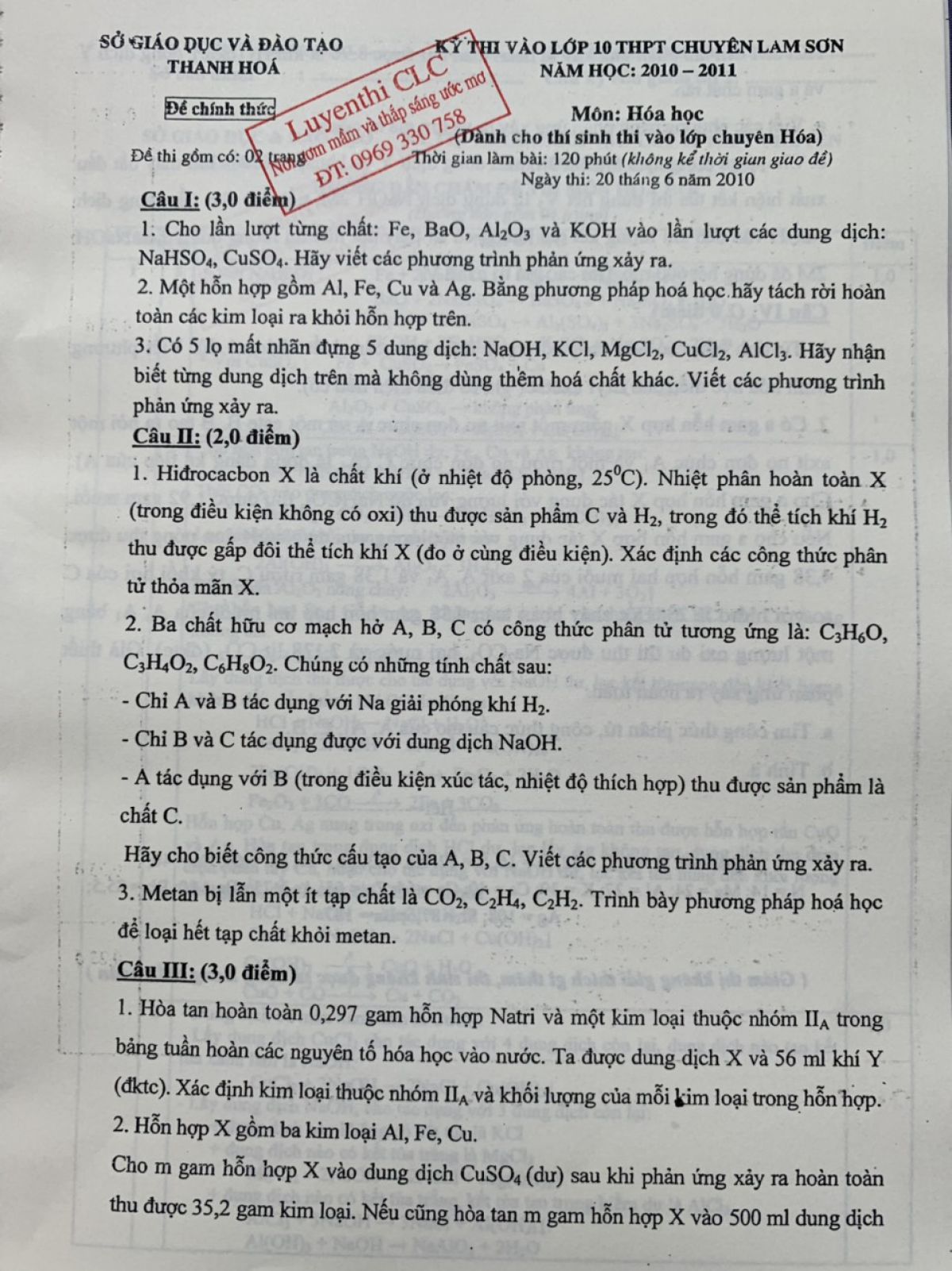 Đề thi tuyển sinh vào lớp 10 THPT CHUYÊN và đáp án môn Hóa Học Trường THPT CHUYÊN Lam Sơn, tỉnh Thanh Hóa năm 2010